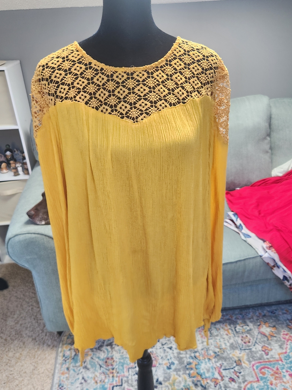 Mossimo Mustard Yellow Lace Yoke Long Sleeve Blouse Large